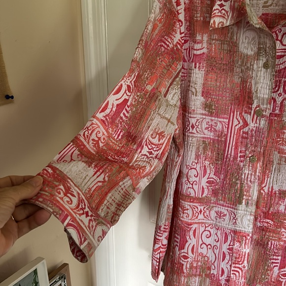 Alia Womens size 14 long sleeved Blouse. Oranges, pinks, white beige. - Picture 3 of 5